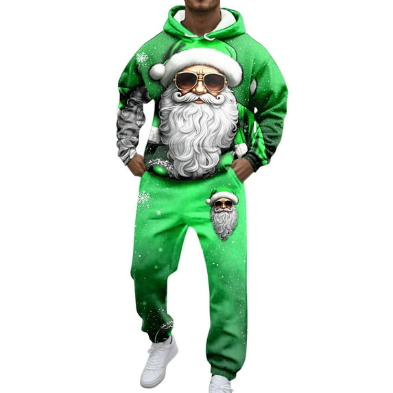 Mens Outfits Sets Christmas Festive Santa With Hooded Pullover Pants Holiday Parties Family Gatherings Events Green Size L