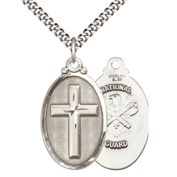 Mens Oval .925 Sterling Silver Cross National Guard on 24" Rhodium Plated Heavy Curb Brass Chain w/ Lobster Claw Clasp,Catholic Religious Necklace-USA Made Gift Boxed