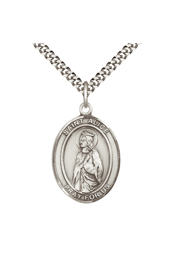 Mens Oval .925 Sterling Silver Saint Alice Medal Pendant on 24" Rhodium Plated Heavy Curb Brass Chain with Lobster Claw clasp, Catholic Religious Necklace -Made in USA- Velvet Gift Box