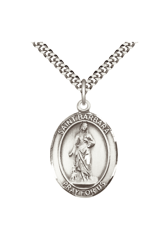 Mens Oval .925 Sterling Silver Saint Barbara Medal Pendant on 24" Rhodium Plated Heavy Curb Brass Chain with Lobster Claw clasp, Catholic Religious Necklace -Made in USA- Velvet Gift Box