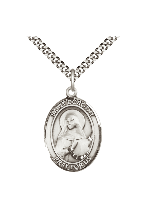 Mens Oval .925 Sterling Silver Saint Dorothy Medal Pendant on 24" Rhodium Plated Heavy Curb Brass Chain with Lobster Claw clasp, Catholic Religious Necklace -Made in USA- Velvet Gift Box