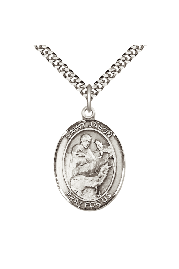 Mens Oval .925 Sterling Silver Saint Jason Medal Pendant on 24" Rhodium Plated Heavy Curb Brass Chain with Lobster Claw clasp, Catholic Religious Necklace -Made in USA- Velvet Gift Box