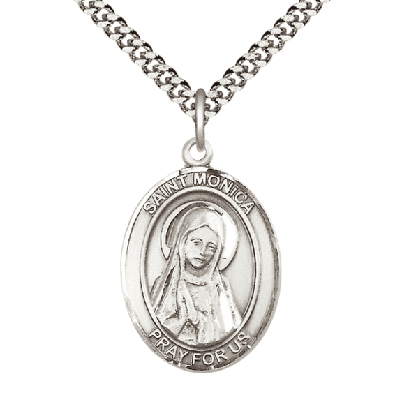 Mens Oval .925 Sterling Silver Saint Monica Medal Pendant on 24" Rhodium Plated Heavy Curb Brass Chain with Lobster Claw clasp, Catholic Religious Necklace -Made in USA- Velvet Gift Box