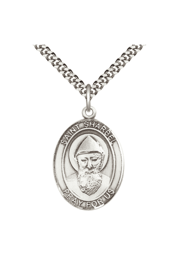 Mens Oval .925 Sterling Silver Saint Sharbel Medal Pendant on 24" Rhodium Plated Heavy Curb Brass Chain with Lobster Claw clasp, Catholic Religious Necklace -Made in USA- Velvet Gift Box
