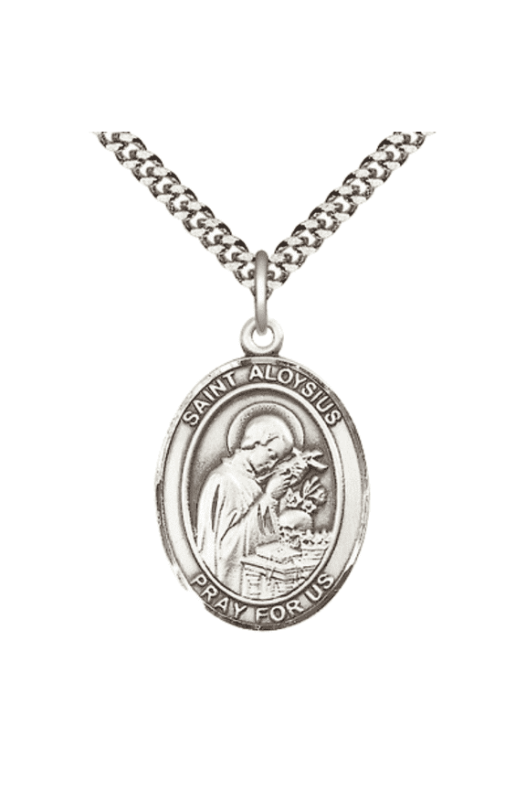 Mens Oval Pewter Saint Aloysius Gonzaga Medal Pendant on 24" Rhodium Plated Heavy Curb Brass Chain with Lobster Claw clasp, Catholic Religious Necklace -Made in USA- Deluxe Velvet Gift Box