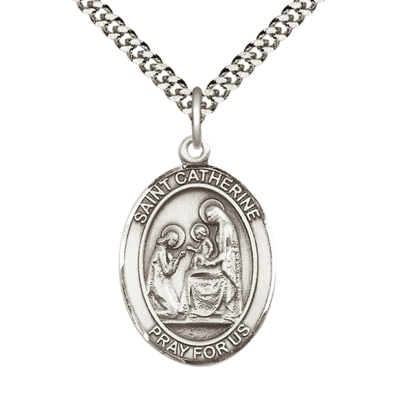 Mens Oval Pewter Saint Catherine of Siena Medal Pendant on 24" Rhodium Plated Heavy Curb Brass Chain with Lobster Claw clasp, Catholic Religious Necklace -Made in USA- Deluxe Velvet Gift Box
