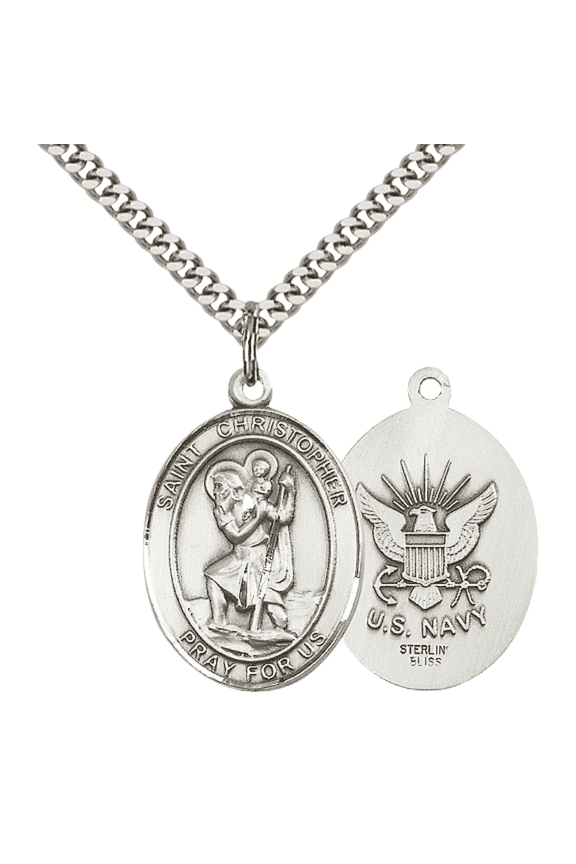 Mens Oval Pewter Saint Christopher Navy Medal Pendant on 24" Rhodium Plated Heavy Curb Brass Chain with Lobster Claw clasp, Catholic Religious Necklace -Made in USA- Deluxe Velvet Gift Box
