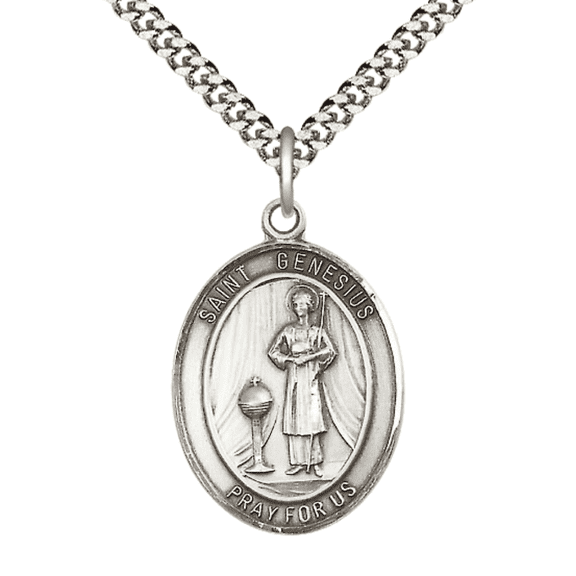 Mens Oval Pewter Saint Genesius of Rome Medal Pendant on 24" Rhodium Plated Heavy Curb Brass Chain with Lobster Claw clasp, Catholic Religious Necklace -Made in USA- Deluxe Velvet Gift Box