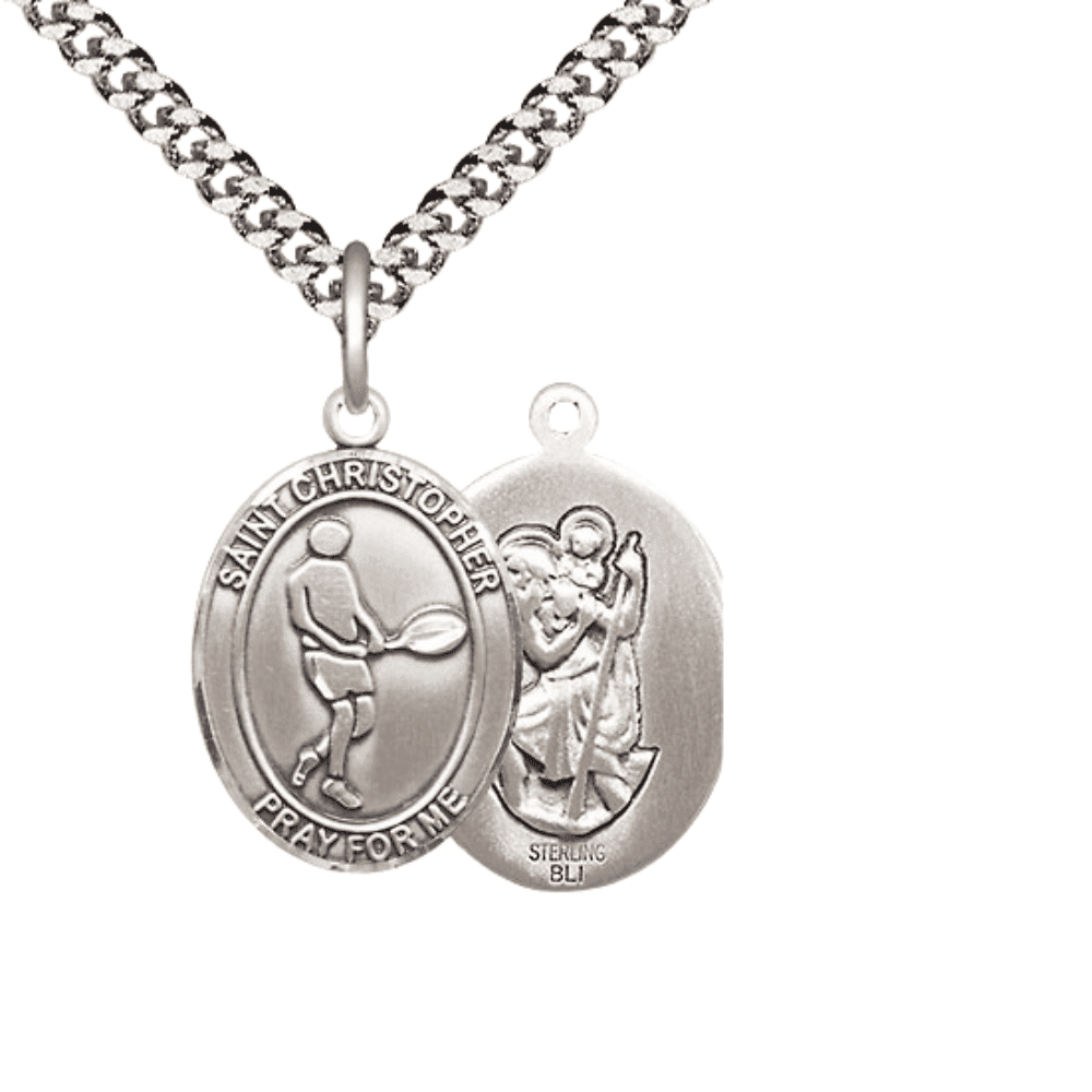 Mens Oval Sterling Silver Saint Christopher Tennis Medal Pendant on 24 ...