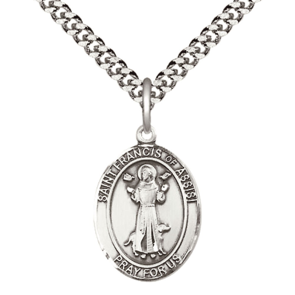 Mens Oval Sterling Silver Saint Francis of Assisi Medal Pendant on 24 ...