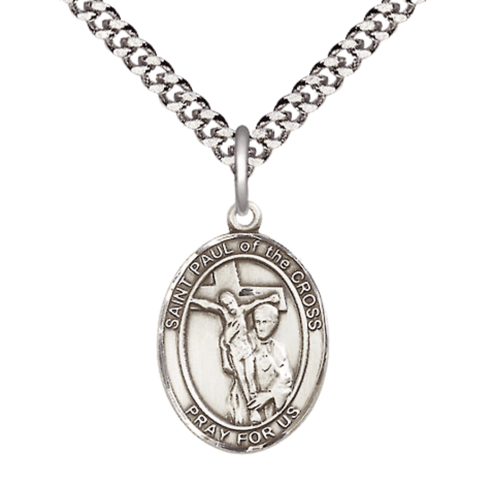 Mens Oval Sterling Silver Saint Paul of the Cross Medal Pendant on 24 ...