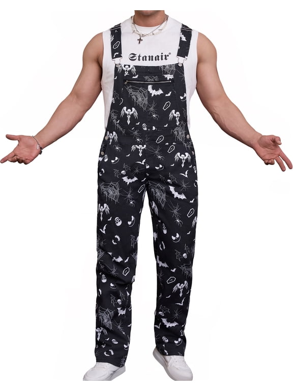 Mens Overalls Bib Coveralls Printed Jumpsuit Festival Outfits(Ghost,M)