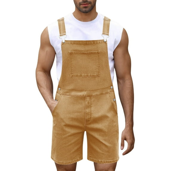 Mens Overalls Lightweight Solid Color Button Front Pocket Denim Shorts with Shoulder Strap Casual Slim Comfortable Jeans For Men Brown L