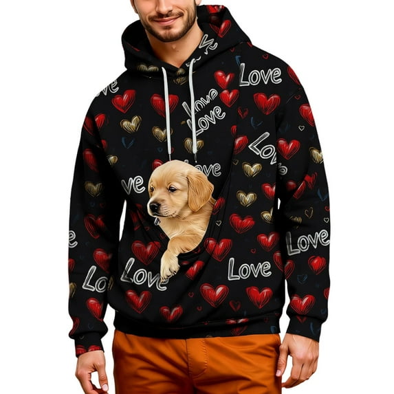 Mens Oversize Kangaroo Pocket Cat Dog Pouch Hooded Sweatshirts Valentine's Day Long Sleeve Warm Pet Carrier Pullover Animal Holder Hoodie