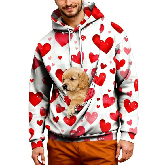 Mens Oversize Kangaroo Pocket Cat Dog Pouch Hooded Sweatshirts Valentine's Day Long Sleeve Warm Pet Carrier Pullover Animal Holder Hoodie