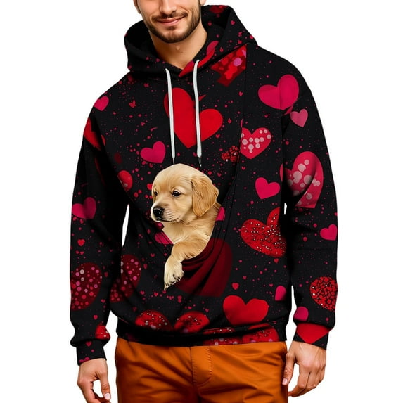 Mens Oversize Kangaroo Pocket Cat Dog Pouch Hooded Sweatshirts Valentine's Day Long Sleeve Warm Pet Carrier Pullover Animal Holder Hoodie