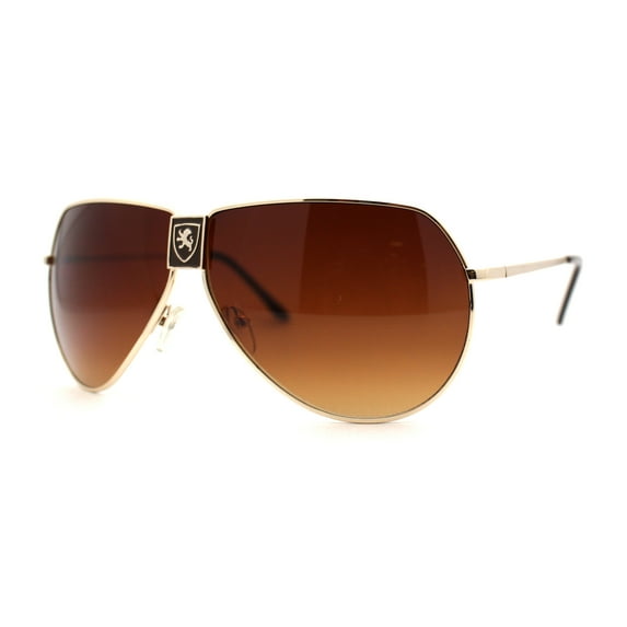Mens Oversize Mobster Lion Shield Emblem Racer Pilots Sunglasses Gold Brown