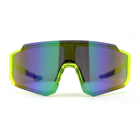 Mens Oversize Trendy Futuristic Wrap Half Rim Sport Plastic Sunglasses Yellow Teal Mirror