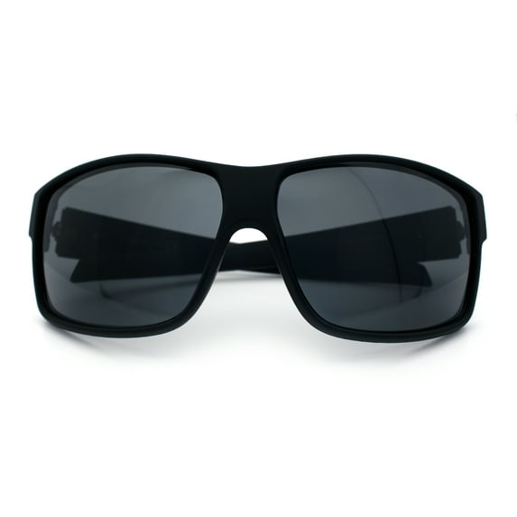 Mens Oversized Biker Wrap Rubberized Matte Plastic Rectangular Sport Sunglasses All Black