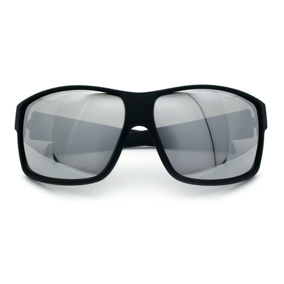 Mens Oversized Biker Wrap Rubberized Matte Plastic Rectangular Sport Sunglasses Black - Silver Mirror