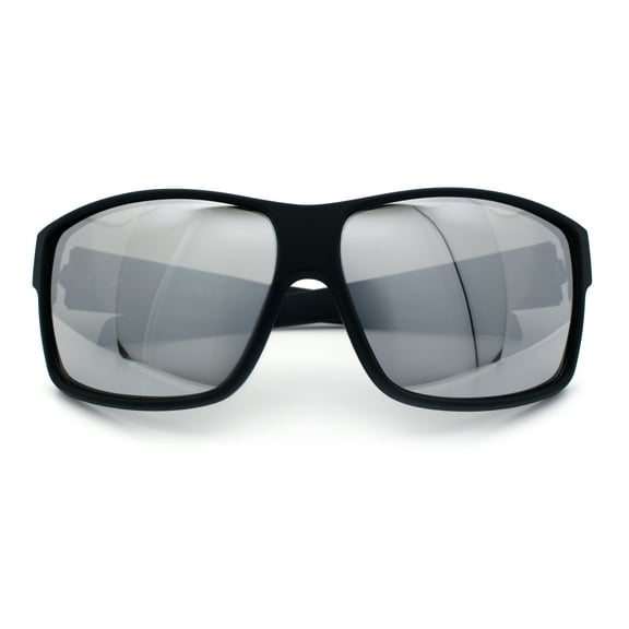Mens Oversized Biker Wrap Rubberized Matte Plastic Rectangular Sport Sunglasses Black - Silver Mirror