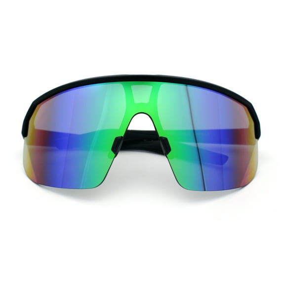 Mens Oversized Color Mirror Shield MTB Half Rim Sport Plastic Sunglasses Black - Teal Mirror