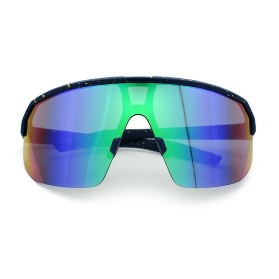 Mens Oversized Color Mirror Shield MTB Half Rim Sport Plastic Sunglasses Navy Yellow - Teal Mirror