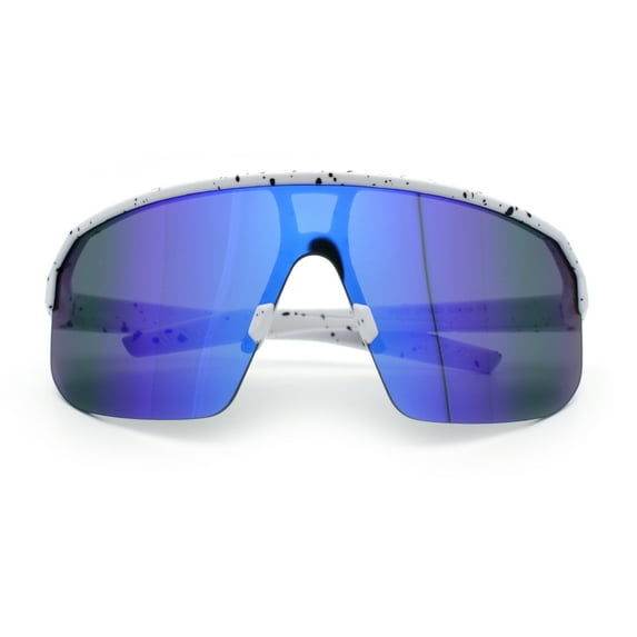 Mens Oversized Color Mirror Shield MTB Half Rim Sport Plastic Sunglasses White - Blue Mirror