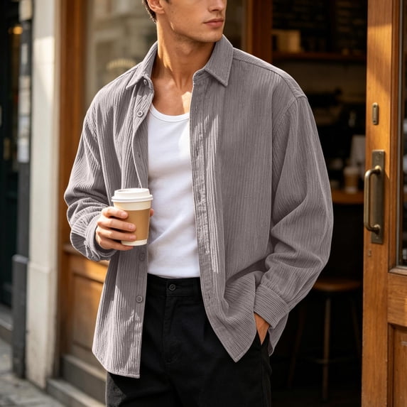 Mens Oversized Corduroy Shirt Long Sleeve Loose Fit Button Down Shirt Casual Streetwear Travel Daily Overshirt Gray