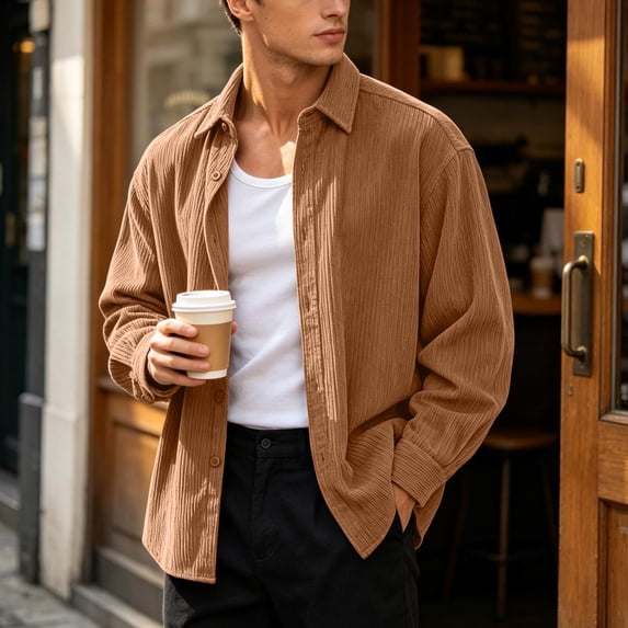 Mens Oversized Corduroy Shirt Long Sleeve Loose Fit Button Down Shirt Casual Streetwear Travel Daily Overshirt Khaki