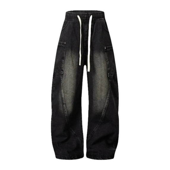 Mens Oversized Distressed Cargo Jeans with Drawstring Waist Pocketed Washed Look Relaxed Fit Everyday Wear Casual