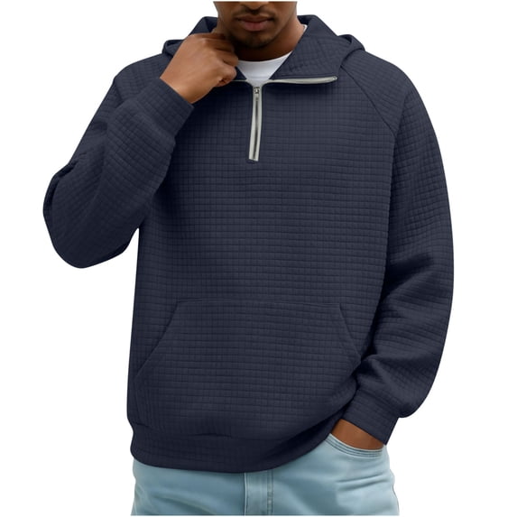 Mens Oversized Hoodies Pullover Quarter Zip Casaul Long Sleeve Waffle Knit Athletic Hooded Sweatshirt with Pocket