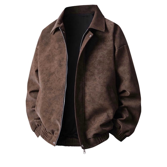 Mens Oversized Leather Jackets Solid Color Vintage Zipper Long Sleeve Lapel Neck Outerwear Coat