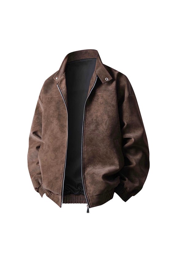 Mens Oversized Leather Jackets Solid Color Vintage Zipper Long Sleeve Lapel Neck Outerwear Coat