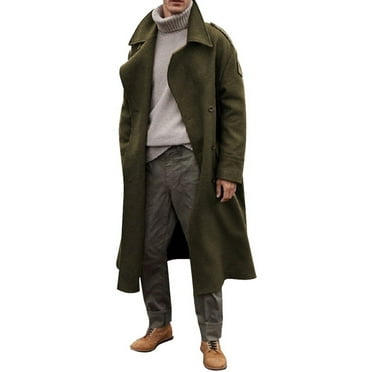 Mens Oversized Notched Long Faux Wool Blend Trench Coat Double Breasted Knee Length Lapel Winter Jacket(AG-2XL)