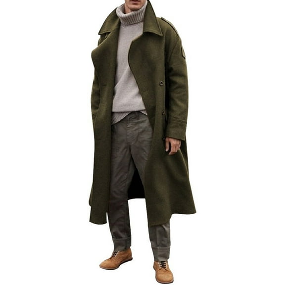 Mens Oversized Notched Long Faux Wool Blend Trench Coat Double Breasted Knee Length Lapel Winter Jacket(AG-2XL)
