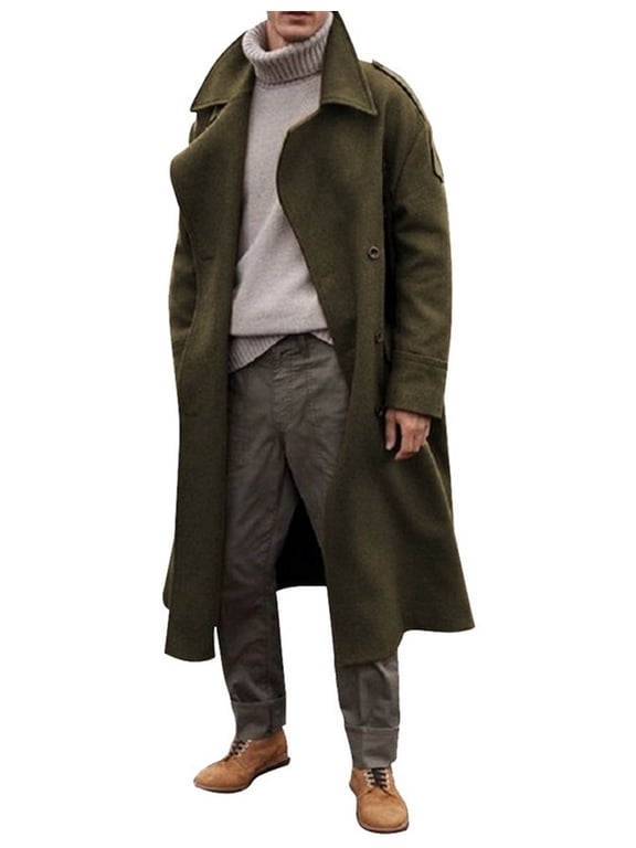 Mens Oversized Notched Long Faux Wool Blend Trench Coat Double Breasted Knee Length Lapel Winter Jacket(AG-L)