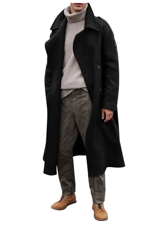 Mens Oversized Notched Long Faux Wool Blend Trench Coat Double Breasted Knee Length Lapel Winter Jacket(BL-M)