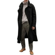 Mens Oversized Notched Long Faux Wool Blend Trench Coat Double Breasted Knee Length Lapel Winter JacketBL-S