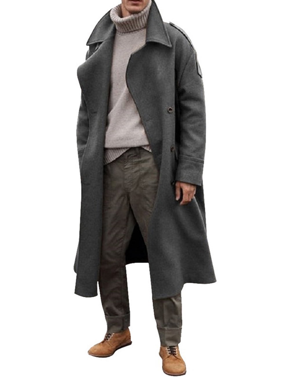 Mens Oversized Notched Long Faux Wool Blend Trench Coat Mens Oversized Notched Long Faux Wool Blend Trench Coat