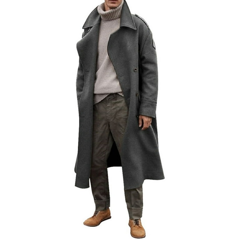 Mens Oversized Notched Long Faux Wool Blend Trench Coat Double Breasted  Knee Length Lapel Winter Jacket(GY-XL)