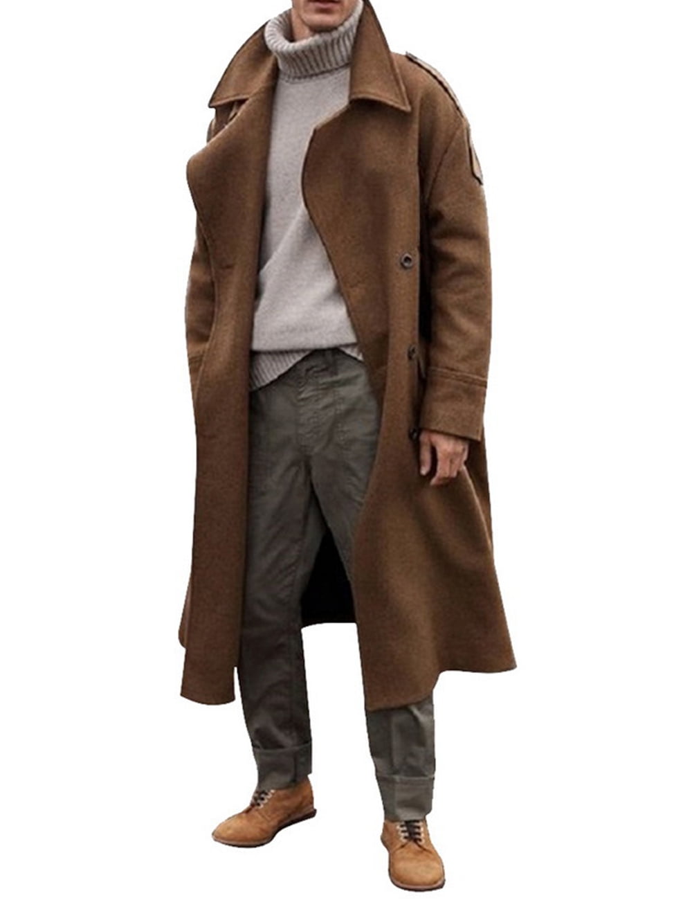 Mens Oversized Notched Long Faux Wool Blend Trench Coat Double