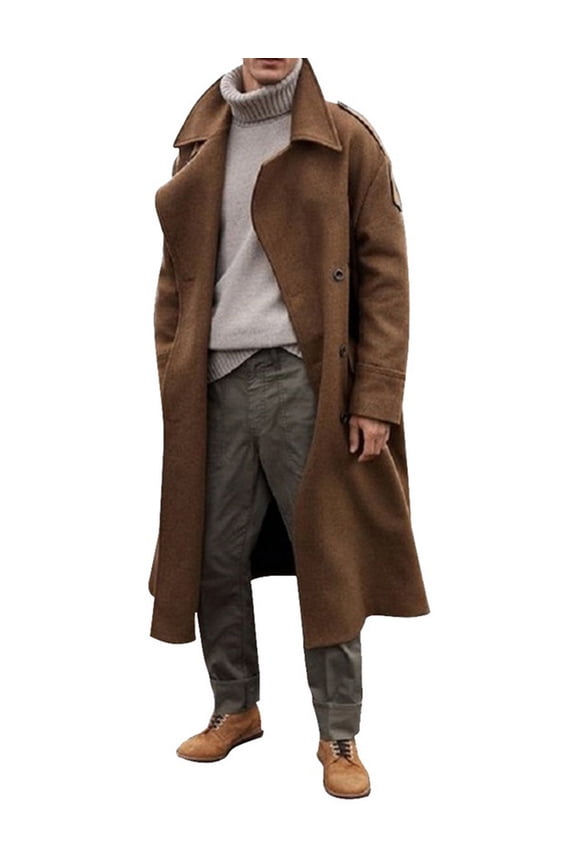 Mens Oversized Notched Long Faux Wool Blend Trench Coat Double Breasted Knee Length Lapel Winter Jacket(KH-M)