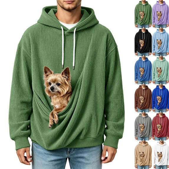 Mens Oversized Pet Pouch Corduroy Hoodie Loose Casual Long Sleeve Pullover Sweatshirt with Big Pocket Lightweight Breathable Daily Top,XXL,Army Green