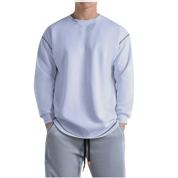 Mens Oversized Pullover Sweatshirt Crew Neck Long Sleeve Hoodie Fall Casual Solid Color Loose Cotton Tops (Light Blue L)