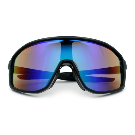 Mens Oversized Shield Color Mirror Sport Wrap Plastic MTB Rectangle Sunglasses Black - Teal Mirror
