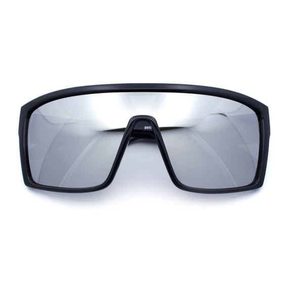 Mens Oversized Shield Curved Wrap Rectangular Plastic Sporty Sunglasses Black - Silver Mirror