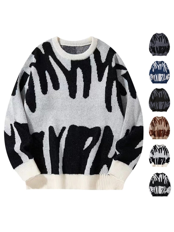 Mens Oversized Sweaters Y2K Aesthetic Flame Graphic Crewneck Knitted Casual Pullover Long Sleeve Jumpers Sweater
