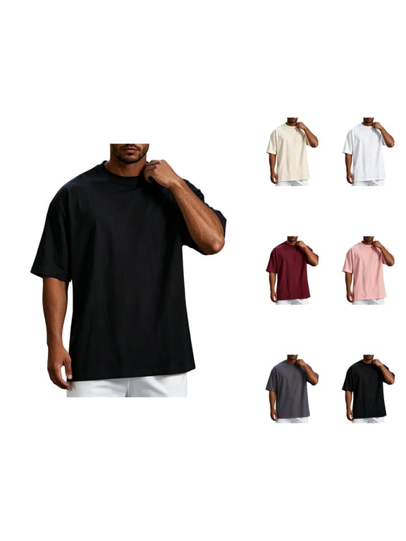 Mens Oversized T Shirt Summer Solid Drop Shoulder Crew Neck Elbow Sleeve T Shirts for Man Casual Tops