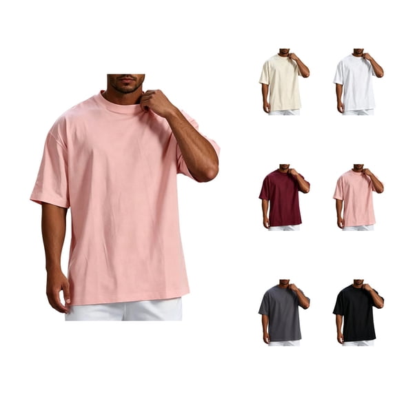 Mens Oversized T Shirt Summer Solid Drop Shoulder Crew Neck Elbow Sleeve T Shirts for Man Casual Tops